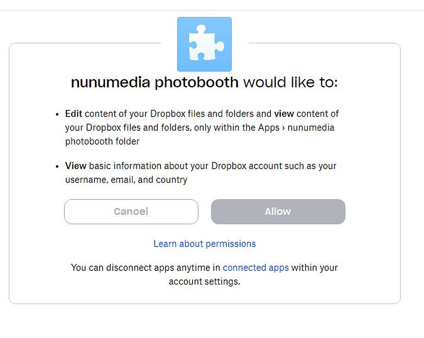 Halaman izin aplikasi NunuMedia di Dropbox
