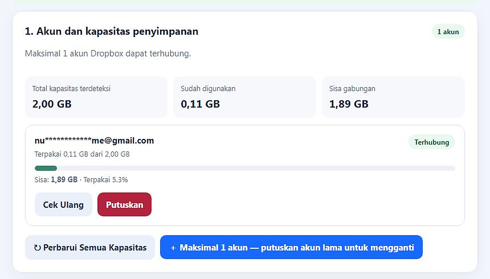 Dropbox berhasil terhubung dan menampilkan kapasitas